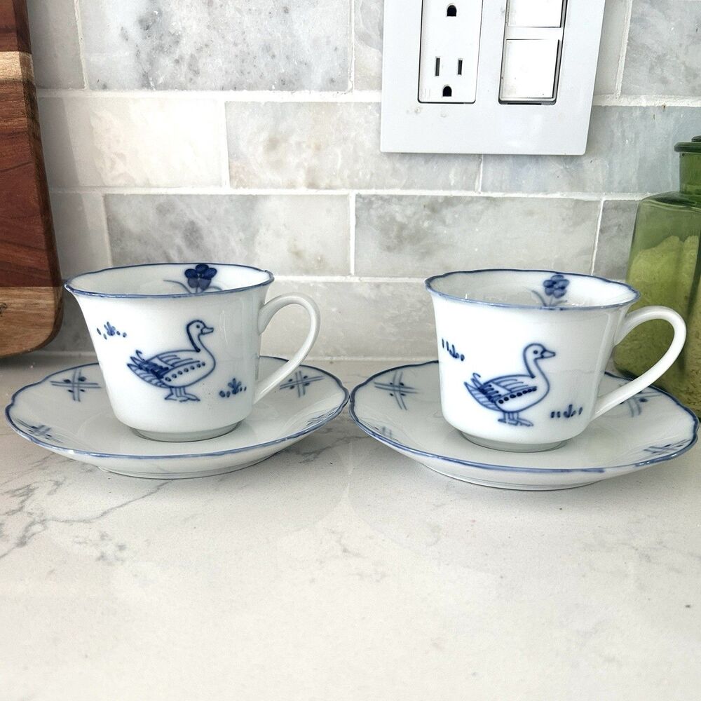 2 BIA Cordon Bleu C. Steele De Chine (COB1) Hand Painted Duck Tea Cups & Saucers